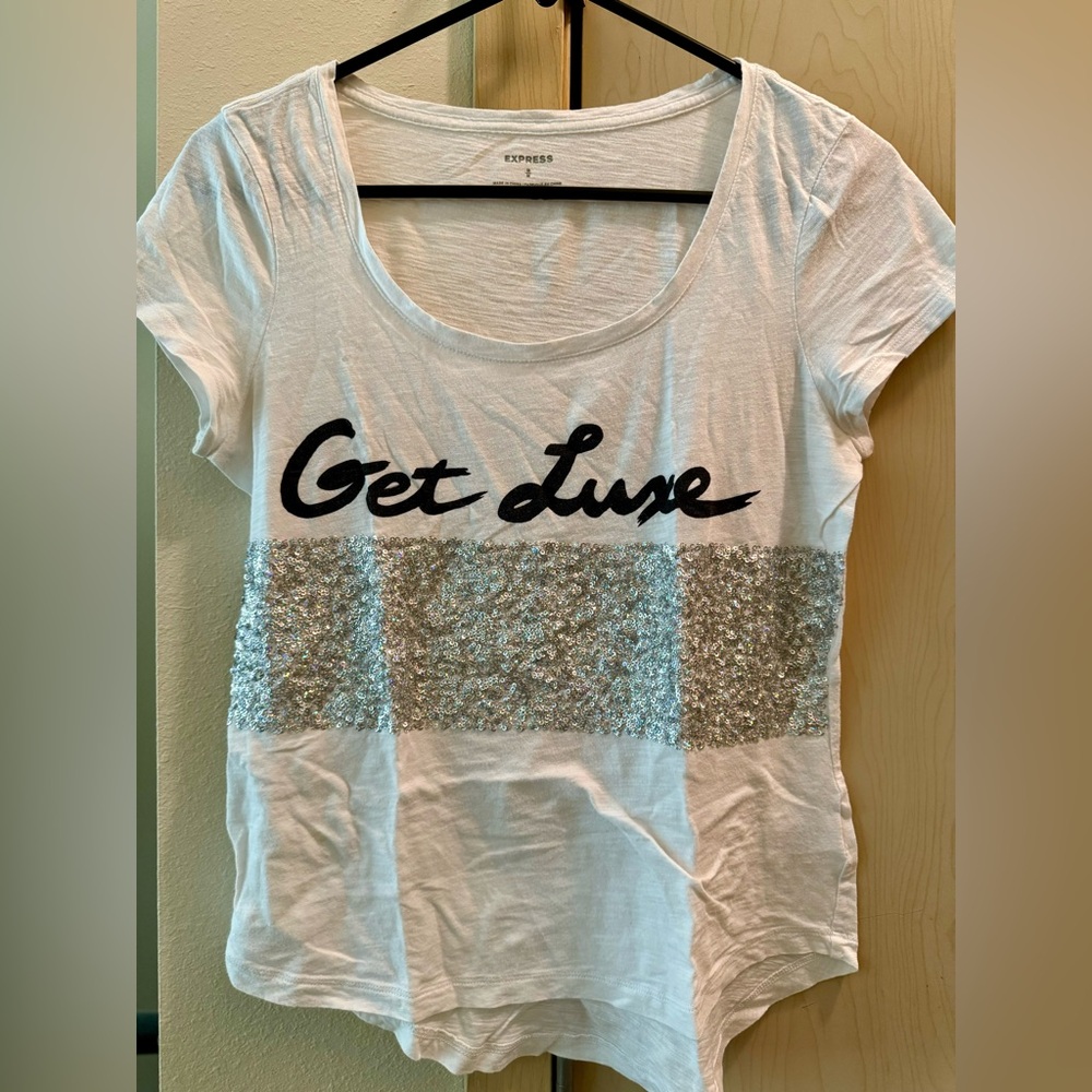 Express white T-shirt with sequins, size medium.